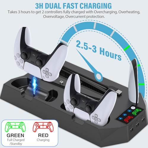 PS5 Slim Stand and Cooling Station with Controller Charging Station for Playsation 5 Slim&Standard Disc/Digital Console, PS5 Accessories Incl. Charger/Turbo Fan/3 USB Hub/Headset Holder - Black - color: WORK WITH PS5 Slim + PS5