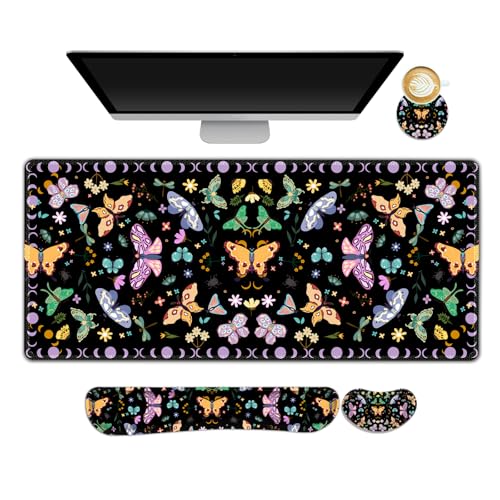 ARTSO Desk Mat Set, Black Butterfly Extended Gaming Mouse Pad with Wrist Rest Support +Keyboard Wrist Rest +Coaster, Large Cute Mousepad, Easy Typing and Pain Relief - color: Black Butterfly