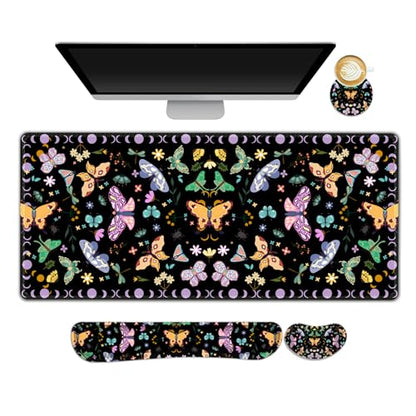 ARTSO Desk Mat Set, Black Butterfly Extended Gaming Mouse Pad with Wrist Rest Support +Keyboard Wrist Rest +Coaster, Large Cute Mousepad, Easy Typing and Pain Relief - color: Black Butterfly