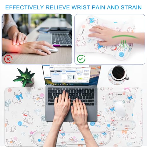 MEGREZ 4-in-1 Mouse Pad with Wrist Rest Ergonomic Memory Foam Desk Mat Set | ergonomic, anti-slip base, 4pcs set, desk pad, mouse wrist rest, keyboard rest, coaster, ideal for office & gaming - color: Bow Kitten