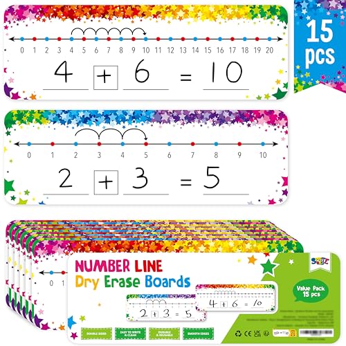 15 PCS Number Line Dry Erase Boards, Writable and Erasable Double Sided Board-0-10 on One Side & 0-20 on Other Side Math White Board for Kids, Students, Classroom and Home (12” x 4”, Colorful Stars) - color: Colorful Stars, size: 0-10/0-20 -15 Packs