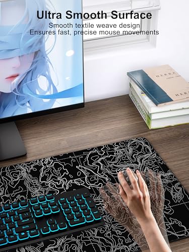 TopMade Mouse Pad with 15W Fast Wireless Charging, 31.5"x15.75" XXL Large Gaming Waterproof Desk Pad with Ultra-Smooth Surface, Non-Slip Base, Computer Desk Mat, Black Topographic Map #3 - color: Black Topographic Map #3
