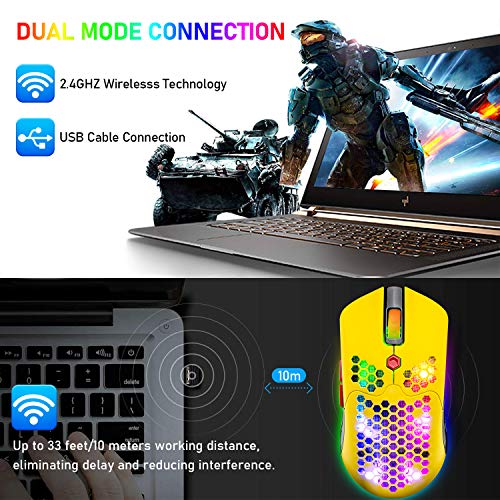 Wireless Gaming Mouse,16 RGB Backlit Ultralight Wireless/Wired Mice with Programmable Driver,Rechargeable 800mA Battery,Pixart 3325 12000 DPI,Lightweight Honeycomb Shell for PC Gamers (Yellow) - color: RGB Yellow