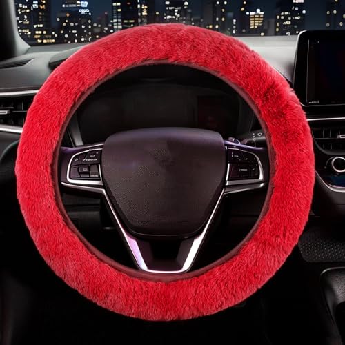 Furry Steering Wheel Cover, Fluffy Fuzzy Fur for Sweaty Cold Hands | Heat Absorbing, Soft Warm, Elastic Stretch, Standard Size 14.5"-15" Car Truck SUV, Anti-Slip Auto Interior Accessories, Red - color: single cover - red