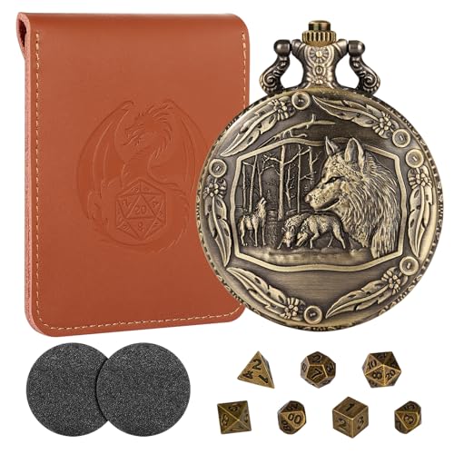 Wolf Pocket Watch Dice Set with Leather Bag, DND Starter Set, Mini Dice Kit - color: Wolf Dice Set