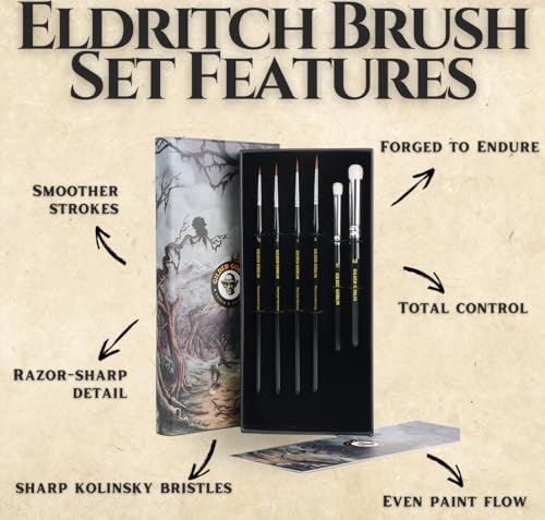 Kolinsky Sable Miniature Paint Brush Set – 6 Detail & Dry Brushes for Miniature Painting, Warhammer, D&D, Model Painting, Acrylics – Professional Fine Tip Brushes by Gilded Goblin Tools & Crafts