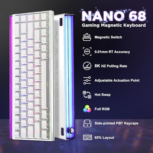 Mad Nano68 Rapid Trigger Custom Mechanical Keyboard with Hall Effect Magnetic Switch,8K Hz Polling Rate,Side-Printed PBT Keycaps, RGB Backlit 60% QMK Wired Keyboard for Mac/Win - color: White