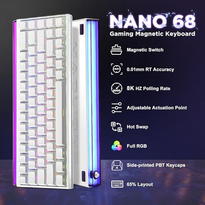 Mad Nano68 Rapid Trigger Custom Mechanical Keyboard with Hall Effect Magnetic Switch,8K Hz Polling Rate,Side-Printed PBT Keycaps, RGB Backlit 60% QMK Wired Keyboard for Mac/Win - color: White