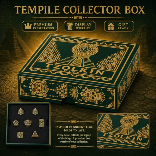 Tzolkin Metal DND Dice Set, 7-Piece Polyhedral Dice | Solid zinc alloy dice with heavy feel, Mayan Aztec calendar details, readable numbers, and temple collector box for RPG play - color: Ancient Bronze