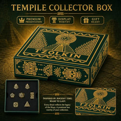 Tzolkin Metal DND Dice Set, 7-Piece Polyhedral Dice | Solid zinc alloy dice with heavy feel, Mayan Aztec calendar details, readable numbers, and temple collector box for RPG play - color: Ancient Bronze
