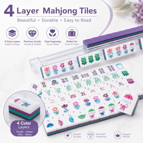 Mahjong Tile Set, 4-Layer American Mahjong Tiles with 50 Chips,3 Dice & Blue Printed Carrying Bag Case, 160 Pcs Mahjong Sets with Acrylic Engraving for Home, Travel & Game Nights - color: Purple