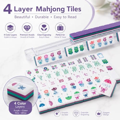 Mahjong Tile Set, 4-Layer American Mahjong Tiles with 50 Chips,3 Dice & Blue Printed Carrying Bag Case, 160 Pcs Mahjong Sets with Acrylic Engraving for Home, Travel & Game Nights - color: Purple