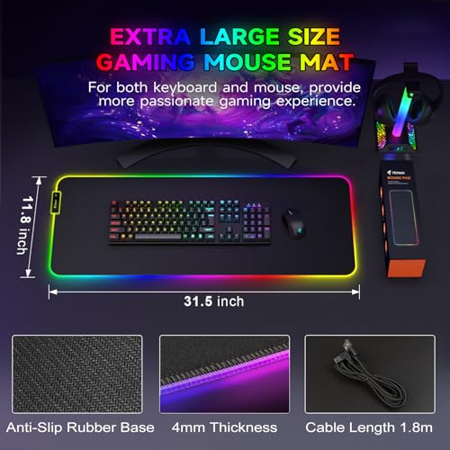 Hcman RGB Gaming Mouse Pad, Large Mousepad with Led Light, PC Gaming Accessories Black Keyboard Pad for Desk, Non-Slip Rubber Base XXL Big Mouse Mat for Gamer Boy Men Gift (31.5 X 12 Inch) - size: X-Large