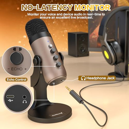 ZealSound Podcast Microphone for PC, Noise Cancellation USB Mic with Gain, Volume Adjustment & Mute Button, Monitoring & Echo, for YouTube, TikTok, Podcasting, Streaming, iPhone, iPad, Android, Mac - color: Gold