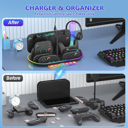 Switch 2 Charging Dock Stand with Cooling Fan,Charger for Joycons 2 and Switch 2 Pro Controller with RGB Light Storage Stand for Headset & Camera Storage Slot &7 Game Card Slots