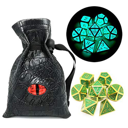 Haxtec Gold Glowing Blue Metal DND Dice Set Glow in the Dark Enamel D&D Dice with Dragon Eye Leather Dice Bag Compatible with Dungeons and Dragons TTRPG Gift for DND Lovers DM Masters - color: Gold Blue Green