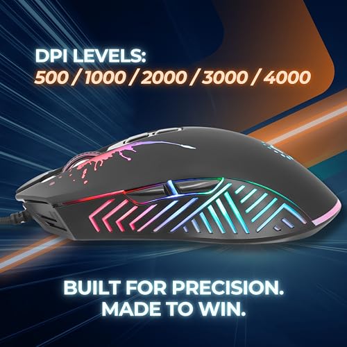 MANHATTAN RGB LED Wired Optical USB Gaming Mouse - 7200 DPI, Ergonomic Shape, 7 Buttons, Color-Changing LEDs, Low-Friction Base, Computer Mouse for Laptop, Extra-Long Braided Cable - 190121 | DPI USB pointer with seven controls, RGB lighting, smooth glide