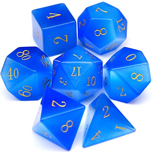 Haxtec Cat Eye Stone Dice Set Blue Gemstone Polyhedral Dice W/Wood Dice Case Compatible with Dungeons and Dragons D&D Gift Tabletop RPG Role Playing Games - color: Blue Gold