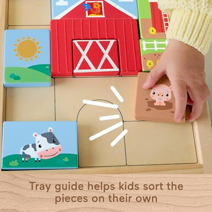 Fisher-Price Wood Toddler Toy Farm Blocks Puzzle, 14-Piece Wooden Activity for Developmental Play Preschool Kids Ages 2+ Years