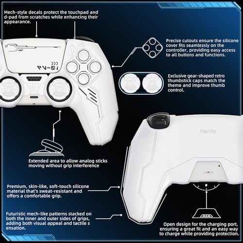PlayVital Mecha Edition Silicone Cover Compatible with ps5 Controller with 2 Joystick Caps and 6 Stickers, Shockproof Non-Slip Grip Protector Accessories, Fits for ps5 Charging Station - White - color: White