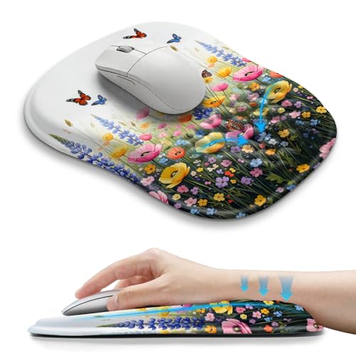 Hokafenle Ergonomic Wrist-Hugging Mouse Pad Wrist Support, U-Shaped Holding Wrist Rest Mousepad for Carpal Tunnel Pain Relief with Cushioned Memory Foam Slope Massage Bulge (10.2x8.3 in,Flowers) - color: Flowers and Butterflies