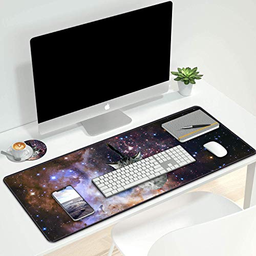 Desk Pad Mat Gaming Mouse Pads with Coasters Set, Stitched Edges Design Mouse Pad XXL Large Mouse Pad for Laptop Computers Galaxy Fly Cat Desk Writing Mat for Office & Home 31.5x 11.8 - color: Galaxy Fly Cat