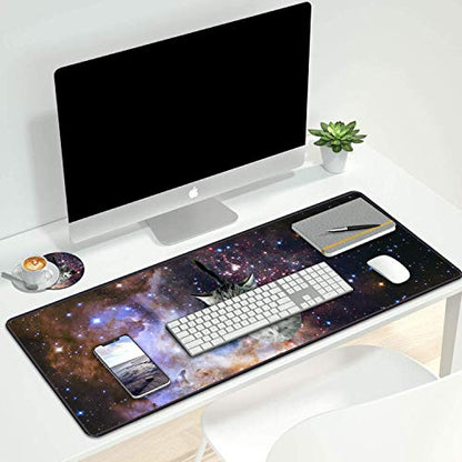 Desk Pad Mat Gaming Mouse Pads with Coasters Set, Stitched Edges Design Mouse Pad XXL Large Mouse Pad for Laptop Computers Galaxy Fly Cat Desk Writing Mat for Office & Home 31.5x 11.8 - color: Galaxy Fly Cat