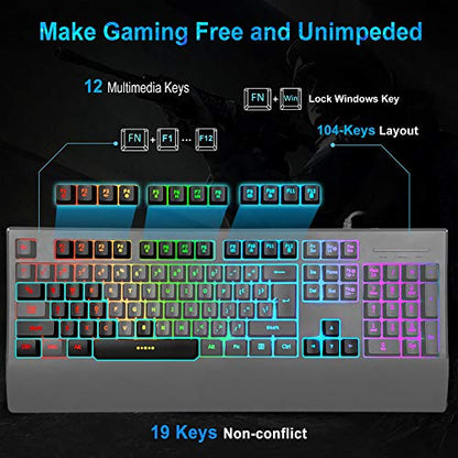 MFTEK RGB Rainbow Backlit Gaming Keyboard, XXL Extended Large Gaming Mouse Pad, LED Lighted Wired Gaming Mouse, Programmable Gaming Keyboard and Mouse Combo for Working
