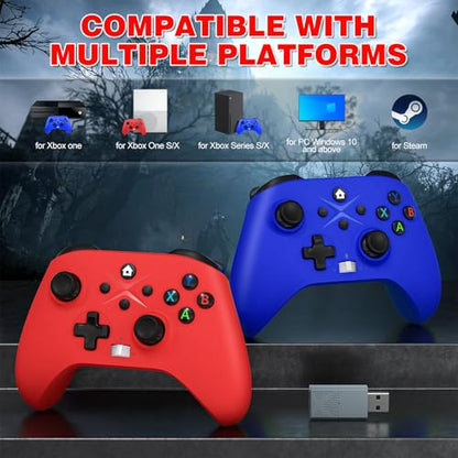 Dinosoo 2 Pack Wireless for Xbox One, Series X|S, & PC, with Turbo, Macro, Dual Vibration Hall Trigger, 3.5mm Audio Jack, Built-in Battery, with 2.4GHz Adapter - color: red and blue