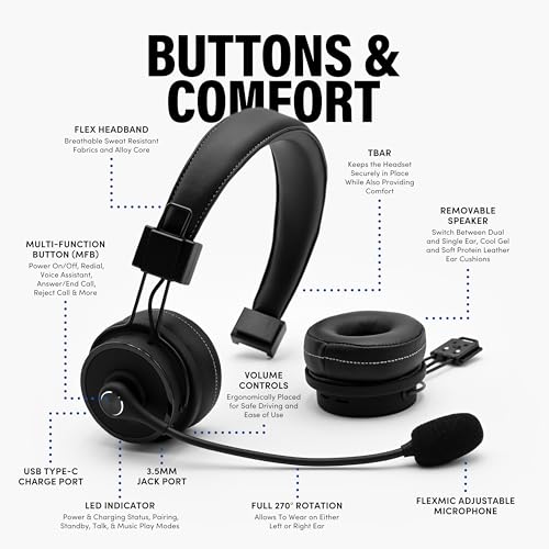 Blue Tiger Premium Elite Ultimate Single and Dual Ear 2-in-1 Bluetooth Headset – Professional Noise Cancellation Head Set with Microphone – USB-C Fast Charge & Long Battery Life