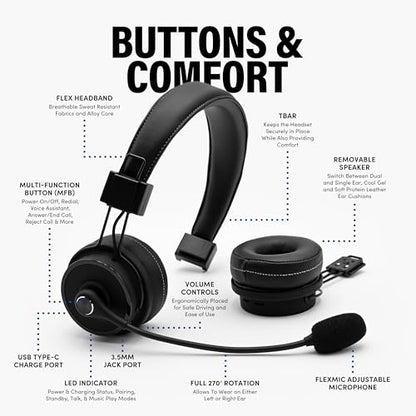 Blue Tiger Premium Elite Ultimate Single and Dual Ear 2-in-1 Bluetooth Headset – Professional Noise Cancellation Head Set with Microphone – USB-C Fast Charge & Long Battery Life
