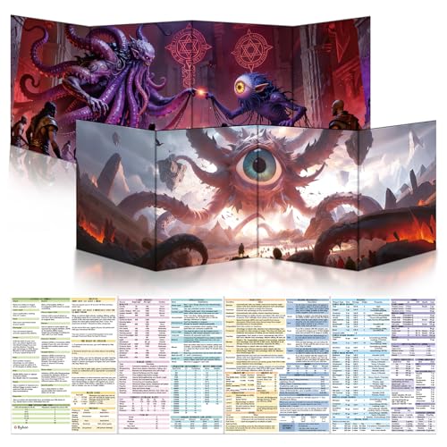 Byhoo DM Screen 2 PCS with Immersive Themes - Premium DM Screen 5e for D&D - Eye Demon & Eye Tyrant, Waterproof Reusable Surface, Tri-Fold Portable Approx A4 Size Compatible with 5E Rules - style: Monstrous Lords - 2PCS: Eye Demon & Eye Tyrant
