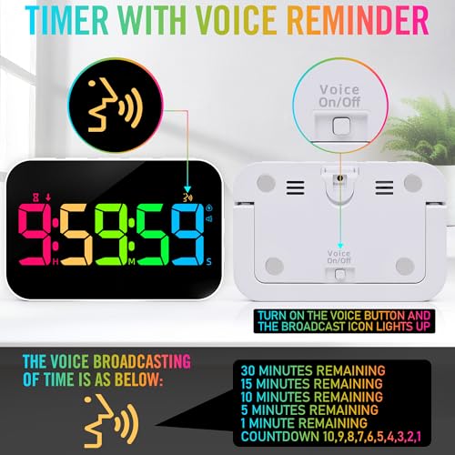 Kitchen Timer for Cooking, Rechargeable Digital Magnetic Timer with Large LED Display, Loud Alarm, Sound Countdown, 4 Volume Levels and 3 Brightness for Classroom, Study (RGB) - color: Rgb