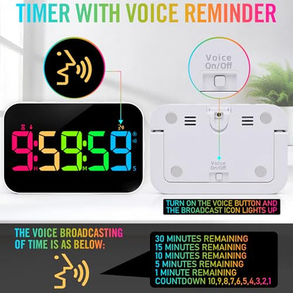 Kitchen Timer for Cooking, Rechargeable Digital Magnetic Timer with Large LED Display, Loud Alarm, Sound Countdown, 4 Volume Levels and 3 Brightness for Classroom, Study (RGB) - color: Rgb