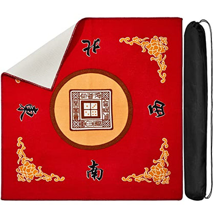 Juexica Mahjong Mat with Carrying Bag, 31.5 x 31.5 Inch Non-Slip Noise-reducing Mahjong Table Cover for Cards, Poker and Tile Games(Red) - color: Red
