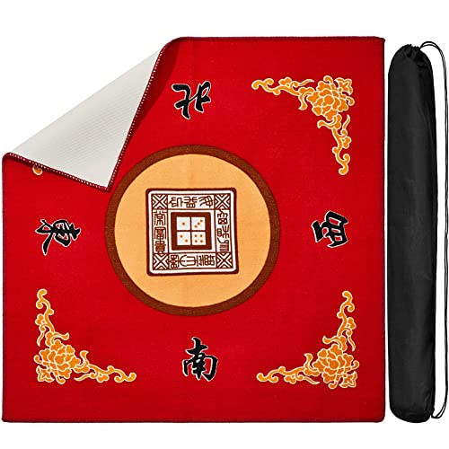 Juexica Mahjong Mat with Carrying Bag, 31.5 x 31.5 Inch Non-Slip Noise-reducing Mahjong Table Cover for Cards, Poker and Tile Games(Red) - color: Red