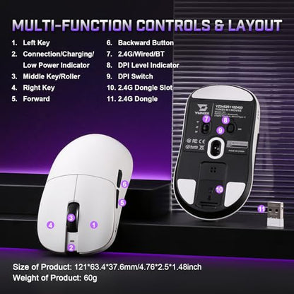 YUNZII M1 PAW3311 Sensor Wireless Gaming Mouse (White) | 7-Level DPI Adjustment Up to 10000 DPI, Stable 1000Hz polling rate, 60g Lightweight Design, Easy Software for Win & Mac - color: White
