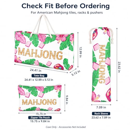 3 Pcs Empty American Mahjong Bags for Tiles and Racks and Mat, Pink Tropical Mahjong Carrying Tote with Zipper Tile Pouch and Rack Sleeve, Thickened Canvas Storage Bag, Case Only - color: Pink Tropical