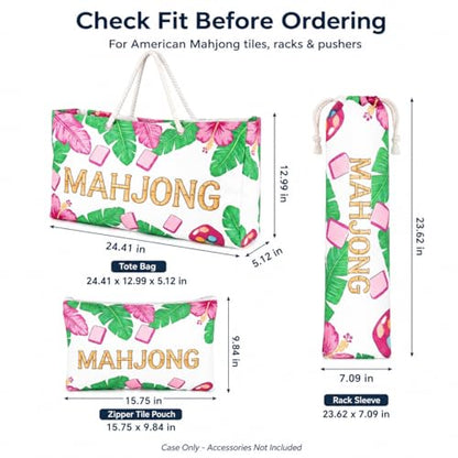 3 Pcs Empty American Mahjong Bags for Tiles and Racks and Mat, Pink Tropical Mahjong Carrying Tote with Zipper Tile Pouch and Rack Sleeve, Thickened Canvas Storage Bag, Case Only - color: Pink Tropical