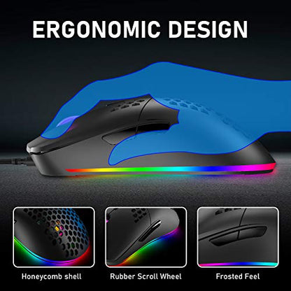 60% Mini 68 Key RGB Backlit Wired USB C Gaming Mechanical Blue Switch Keyboard + Rainbow Backlight 6400 DPI Mouse + Mouse Bungee Cable Cord Management Fixer Holder + Mouse Pad For ESports,Game,office