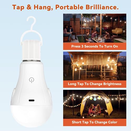 Neporal MagicGlow Rechargeable Light Bulbs with Remote, 3 Colors Shift + Stepless Dimmable Battery Light Bulbs, USB Rechargeable, A19, Up to 24 Hours (3000-6000K, 1, Count)