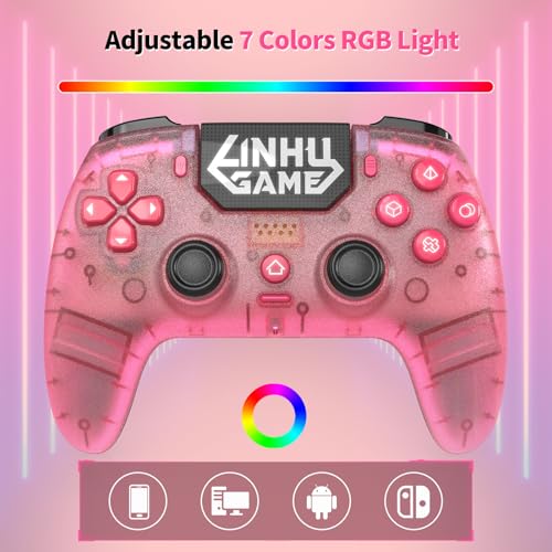linhugame Wireless Controller for P5/Pro/Slim/PC, with Transparent Shell/RGB Tape Light/Hall Effect Joyticks and Trigger/Macro/Turbo/3.5mm Audio Jack/Speaker and Mic/1500 mAh Large Battery Gamepad (Pink)