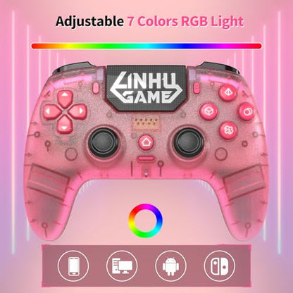 linhugame Wireless Controller for P5/Pro/Slim/PC, with Transparent Shell/RGB Tape Light/Hall Effect Joyticks and Trigger/Macro/Turbo/3.5mm Audio Jack/Speaker and Mic/1500 mAh Large Battery Gamepad (Pink)