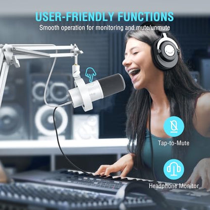 FIFINE AmpliTank K688CTW Dynamic Microphone with Boom Arm, XLR/USB Mic | Studio Vocal Podcast Mic Kit for PC, with Mute Button, Volume Knob, Headphone Jack, for Streaming Recording, White - size: K688CT White