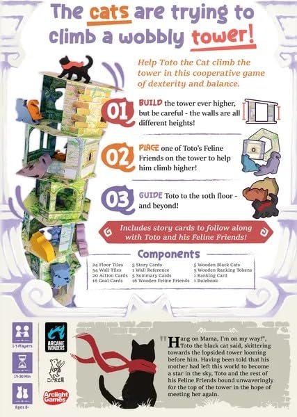 Cat and the Tower by Arcane Wonders | Cooperative Balance Board Game | Ages 6+ | 1-5 Players | 15-30 Minute Family Game with Tower Building | Ages 6+, 1-5 Players, 15-30 Minute Family Game with Tower Building