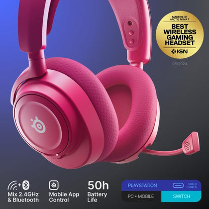 SteelSeries Arctis Nova 7P Wireless Gen 2 Gaming Headset - Real-Time App Control, 50+ HR Play, Neodymium Magnetic Drivers, Mix 2.4GHz/Bluetooth, PS5, PS4, PC, Switch 1/2, Mobile - Magenta - color: Magenta, style: PlayStation | PC