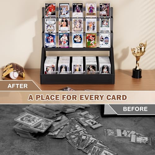 Emfogo Trading Card Display, 3-Tier Card Display Stand with 5-Row Storage, Wooden Graded Card Display with Card Stoppers, Large Capacity Sports Card Display Case for Card Game Collection (Black) - color: Black