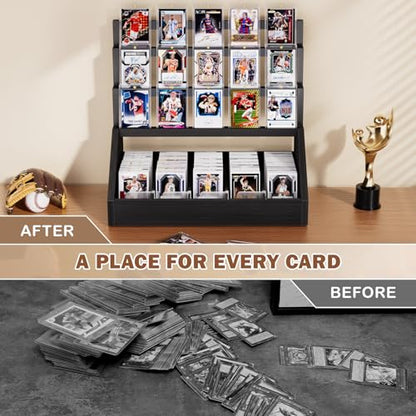 Emfogo Trading Card Display, 3-Tier Card Display Stand with 5-Row Storage, Wooden Graded Card Display with Card Stoppers, Large Capacity Sports Card Display Case for Card Game Collection (Black) - color: Black