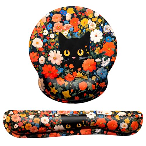 Dapesuom Keyboard Wrist Rest and Mouse Pad with Wrist Support, Cute Memory Foam Cushion for Keyboard and Mouse Set, Desktop Pad Rests with Non Slip Base for Easy Typing & Pain Relief, Cat Flower Bush - color: Anime Cat Flower Bush