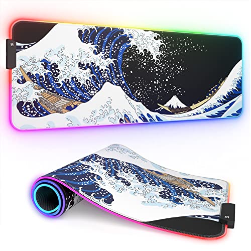 ITNRSIIET RGB Gaming Mouse Pad, Full Desk XL Extended Large Gaming Mousepad, 12 Lighting Modes 30% Thicker Big LED Desk Mat for Gamers, 32 x 12 inches, Japanese Waves - color: Japanese Waves
